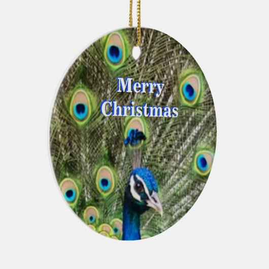 キュートなクリスマスブルークジャクの鳥と書 セラミックオーナメント (右)