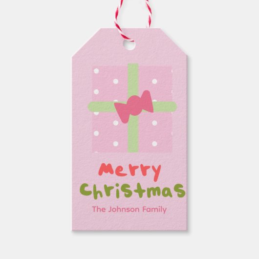 キュートなクリスマスプレゼントピンクの家族の贈り物ラベル ギフトタグ (正面)