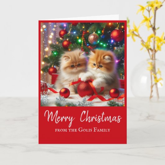 キュートなクリスマスペルシャ猫の休日の挨拶 カード (黄色い花)