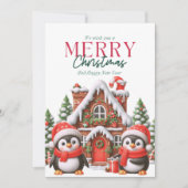 キュートなクリスマスペンギンとジンジャーブレッドハウス シーズンカード (正面)