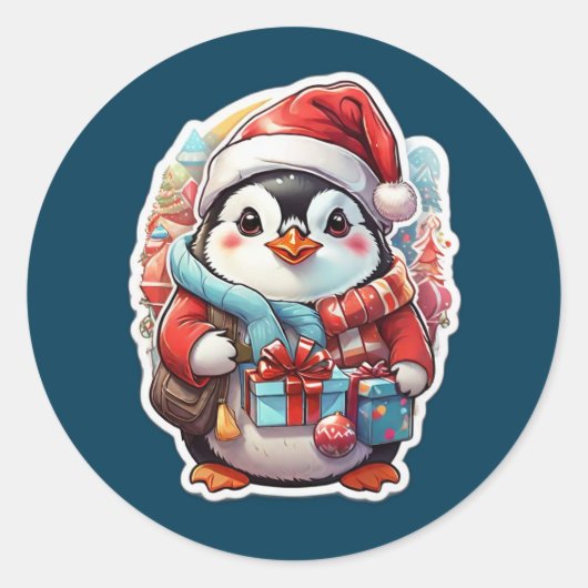 キュートなクリスマスペンギンの漫画 ラウンドシール (正面)