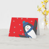 キュートなクリスマスペンギンを赤で飾る カード (黄色い花)