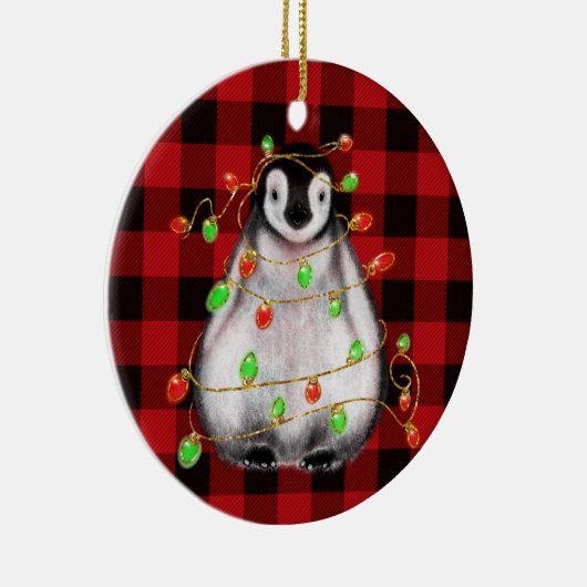 キュートなクリスマスペンギンスケッチ赤い黒い格子柄 セラミックオーナメント (右)
