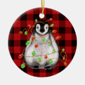 キュートなクリスマスペンギンスケッチ赤い黒い格子柄 セラミックオーナメント (正面)