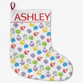 キュートなクリスマスボールとギフトのパターンと名前 ラージクリスマスストッキング (正面)