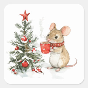 キュートなクリスマスマウスステッカー スクエアシール