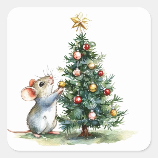 キュートなクリスマスマウスステッカー スクエアシール (正面)