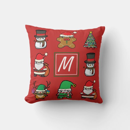 キュートなクリスマスマンガキャラクター赤モノグラム クッション (正面)