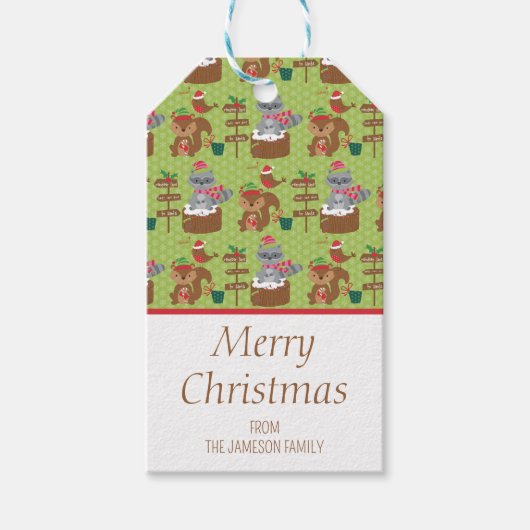 キュートなクリスマスラクーンとリス&スノーフレーク ギフトタグ (正面)