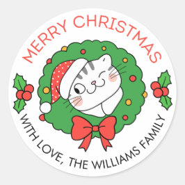 キュートなクリスマスラベル猫とリース ラウンドシール