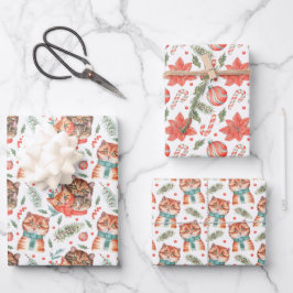 キュートなクリスマス冬の水彩猫 ラッピングペーパーシート