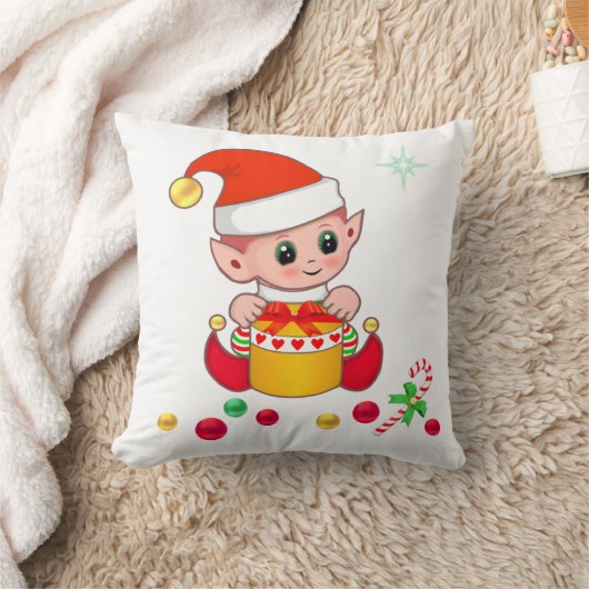 キュートなクリスマス小妖精や小人、キャンディーケーン&クリスマスボール クッション (ブランケット)