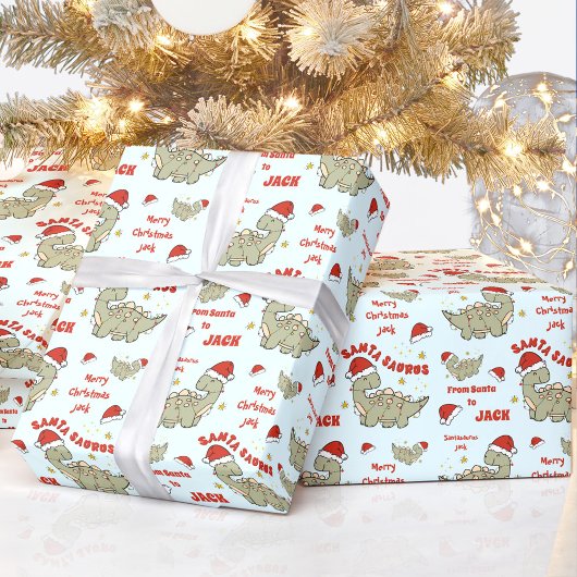 キュートなクリスマス恐竜サンタザウルスブルー ラッピングペーパー