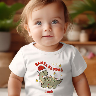 キュートなクリスマス恐竜サンタザウルスレトロ名 ベビーTシャツ