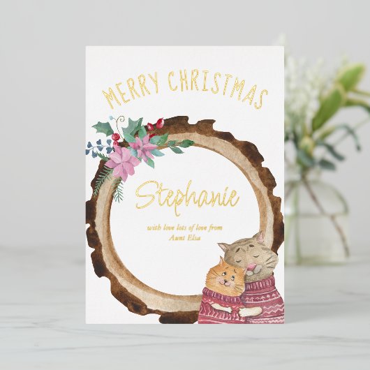 キュートなクリスマス素朴子猫の木枠金ゴールド 箔シーズンカード (立ち正面)