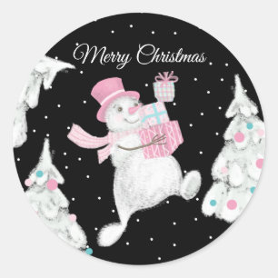 キュートなクリスマス雪だるまとギフト夜の雪 ラウンドシール