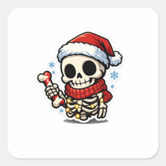 キュートなクリスマス スケルトンのキャンディケイン カワイイ スクエアシール