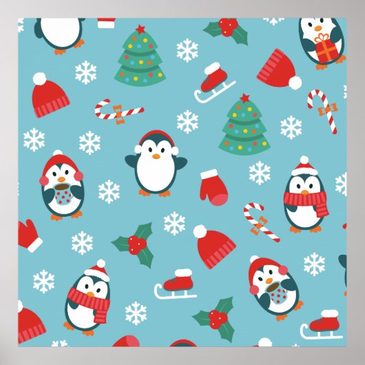 キュートなクリスマス ペンギンパターン ポスター (正面)