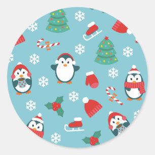 キュートなクリスマス ペンギンパターン ラウンドシール