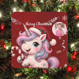 キュートなクリムゾンクリスマスユニコーンガールフォト スクエアシール