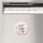 キュートなクルーズの仔犬と錨の丸型マグネット マグネット (インサイチュ (食洗機))