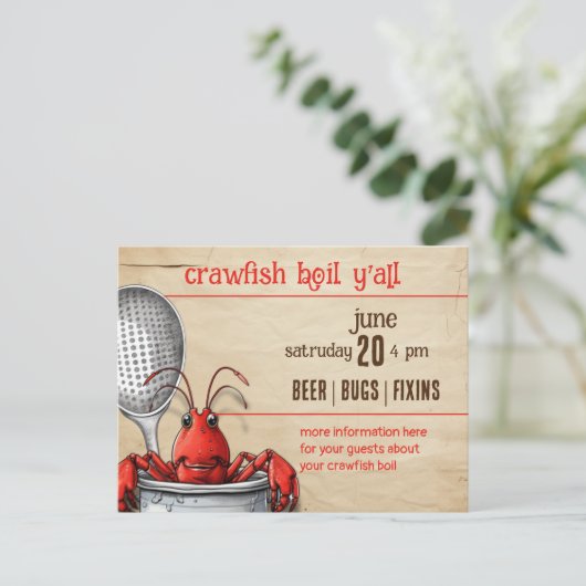 キュートなクロウフィッシュと銀のポットとスプーン インビテーションポストカード (スタンド正面)