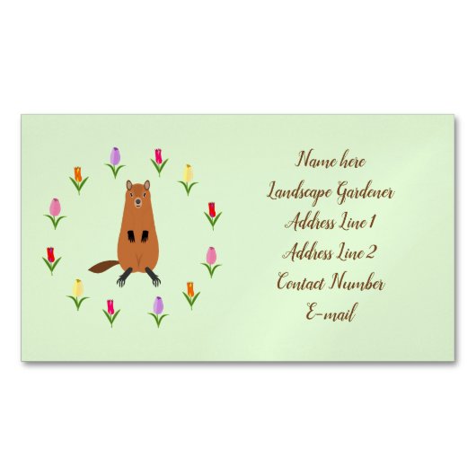 キュートなグラウンドホッグとチューリップの花カスタム庭師 マグネット名刺 (正面)