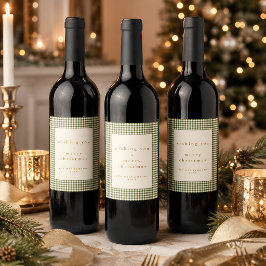 キュートなグリーンのチェック柄のクリスマスギフト ワインラベル