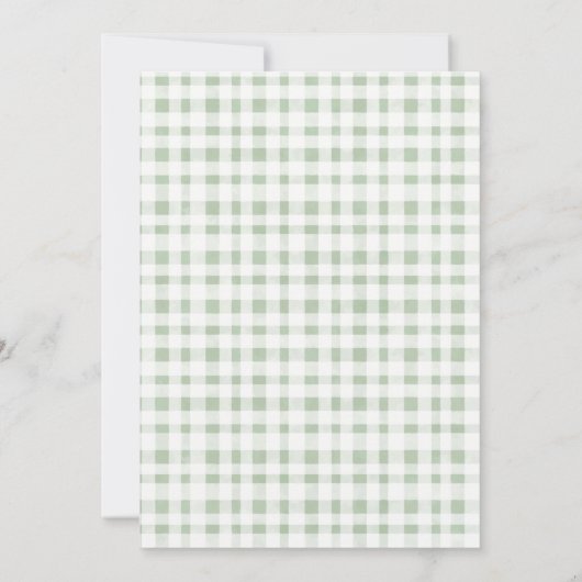 キュートなグリーンのチェック柄サボテンボホ ラマのベビーシャワー サンキューカード (裏面)