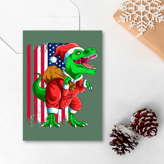キュートなグリーンクリスマスサンタTRexティラノサウルスクリスマス シーズンカード