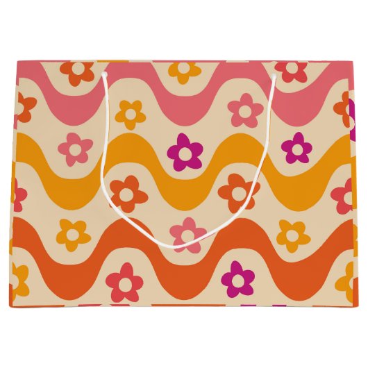 キュートなグルーヴィーな花柄のレトロな波模様 ラージペーパーバッグ (正面)