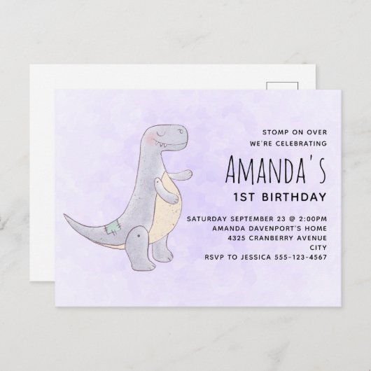 キュートなグレイ恐竜のおもちゃの水彩誕生日 インビテーションポストカード (正面/裏面)