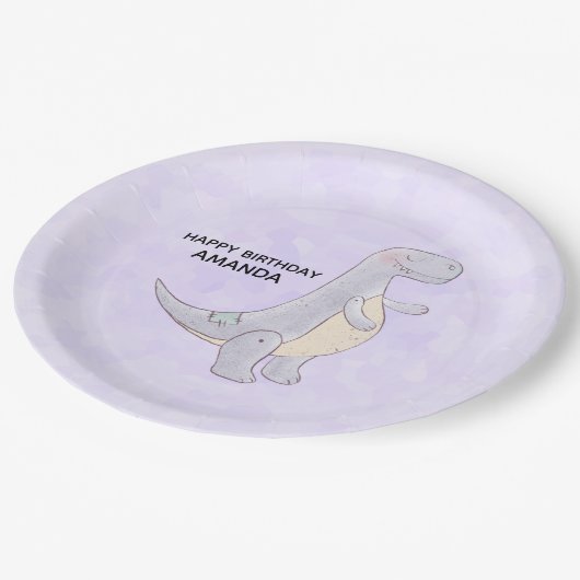 キュートなグレイ恐竜のおもちゃの水彩誕生日 ペーパープレート (アングル)