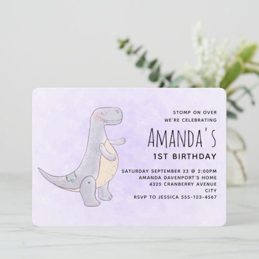 キュートなグレイ恐竜のおもちゃの水彩誕生日 招待状 (スタンド正面)