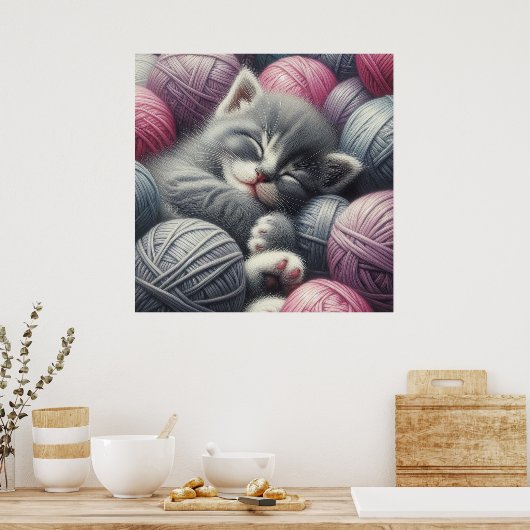 キュートなグレーと白の子猫の毛糸 ポスター (キッチン)