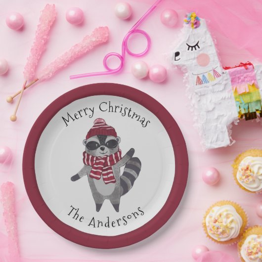 キュートなグレーと赤の水の色のクリスマスラクーン ペーパープレート (パーティー)