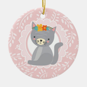 キュートなグレーの子猫ピンクの白猫 セラミックオーナメント
