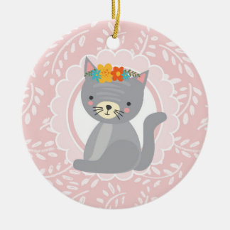 キュートなグレーの子猫ピンクの白猫 セラミックオーナメント
