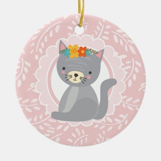 キュートなグレーの子猫ピンクの白猫 セラミックオーナメント (正面)