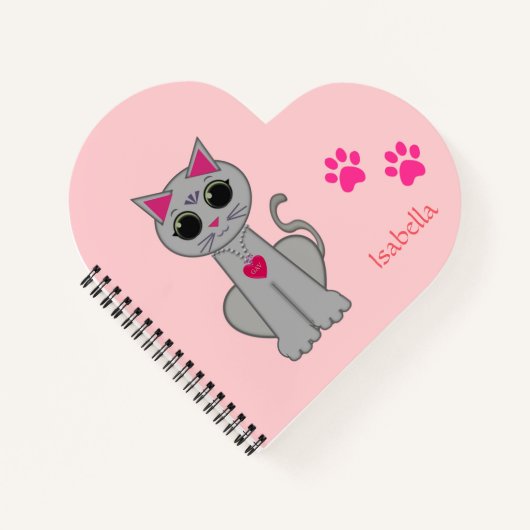 キュートなグレーの猫とピンクの名書 ノートブック (正面)