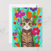 キュートなグレーの花カラフル猫 ポストカード (正面/裏面)