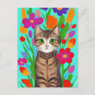 キュートなグレーの花カラフル猫 ポストカード