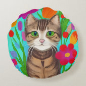 キュートなグレーの花カラフル猫 ラウンドクッション (裏面)