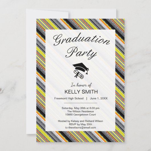 キュートなグレーイエローオレンジアステカ卒業パーティー 招待状 (正面)