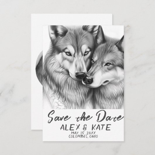 キュートなグレーウルフウェディング日付発表を保存 セーブザデート (正面/裏面)