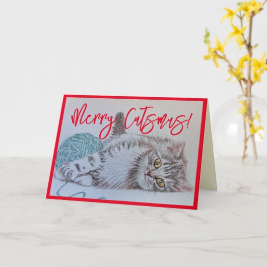 キュートなグレータブビーキャットキットンアートクリスマスカード カード (黄色い花)