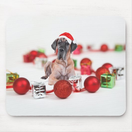 キュートなグレードーン 犬のクリスマスサンタ帽子 マウスパッド (正面)