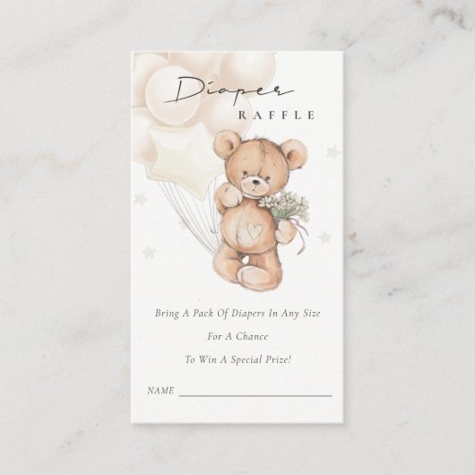 キュートなグレーベアバルーンおむつラッフルベビーシャワー エンクロージャーカード (正面)