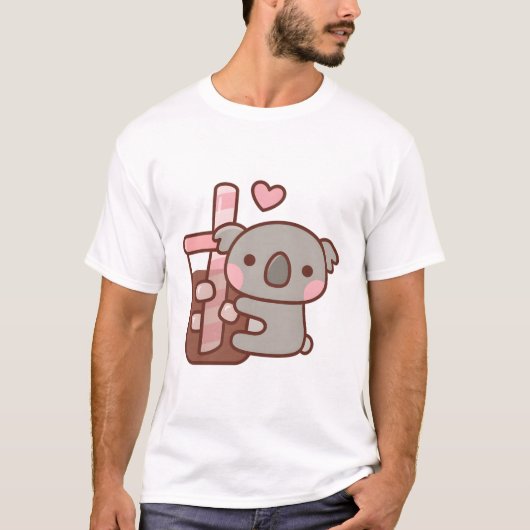 キュートなコアラのクマがアイスコーヒーを抱っこ Tシャツ (正面)