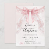 キュートなコケッタ ピンクレースボウ ガール バースデー 招待状 (正面/裏面)